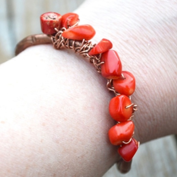 Red Coral Copper Wire Wrapped Solid Cuff Bracelet Handmade Boho  Gift Hippie - Picture 2 of 7